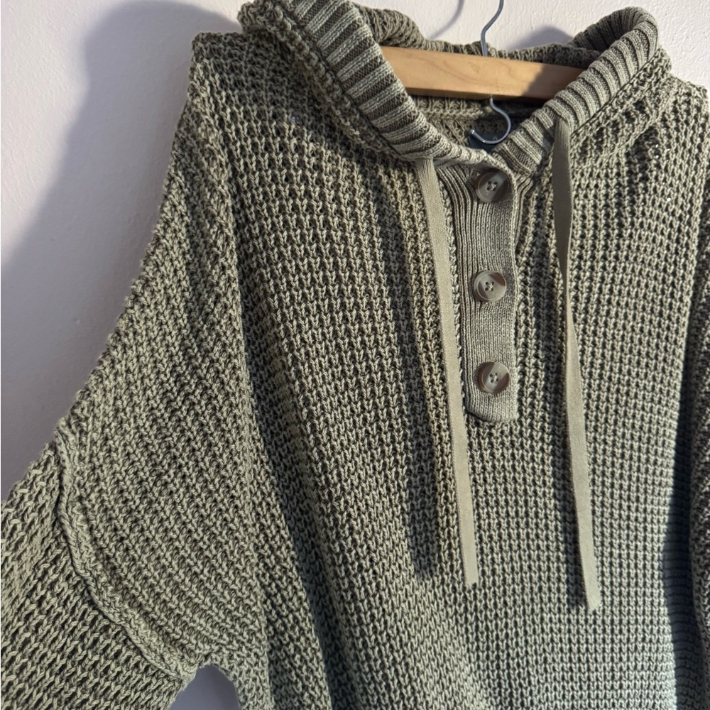 Natural Reflections Olive Knit Button-Up Hoodie